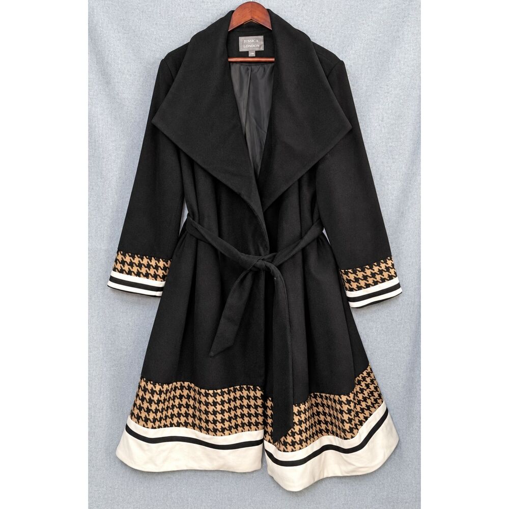 Jessica London 22W Wool Blend Houndstooth Belted Long Coat Black